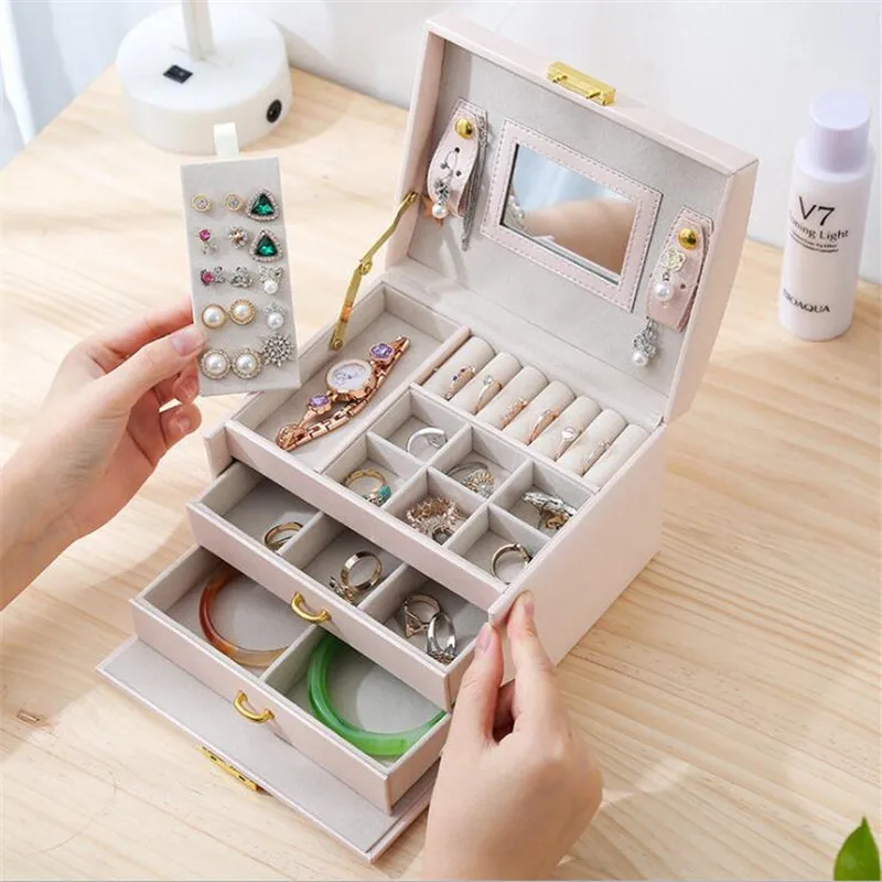 

Double Drawer Jewelry Box Rings Earrings Organizer Ear Studs Jewellry Display Stand Holder Rack Showcase Plate Storage Boxes