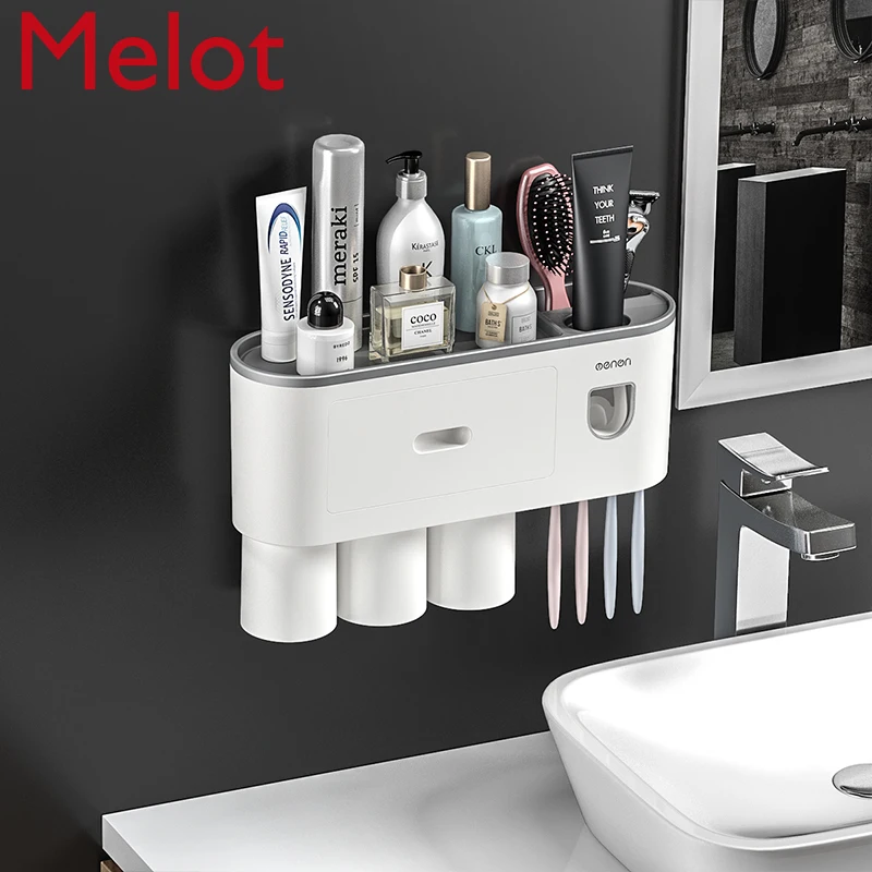 

Toothbrush Rack Punch-Free Gargle Cup Bathroom Wall-Mounted Toothbrush Storage Rack Set Toothpaste Squeezer Toothbrush Cover