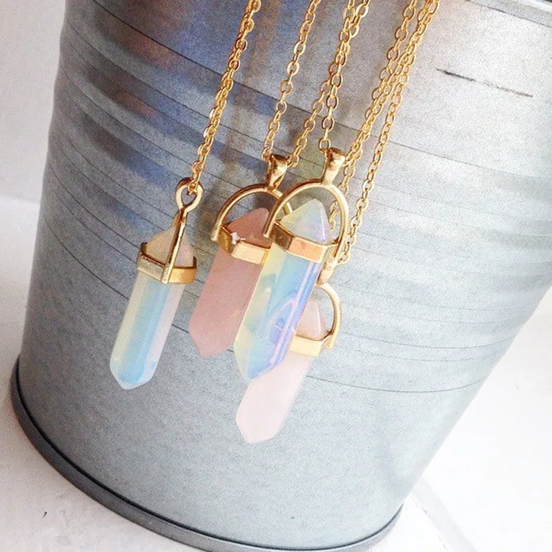

MX Fashion Trend Natural Crystals Necklace Bohemian Hexagon Opal Pendant Necklace Female Hexagonal Column Women Jewelry Gift
