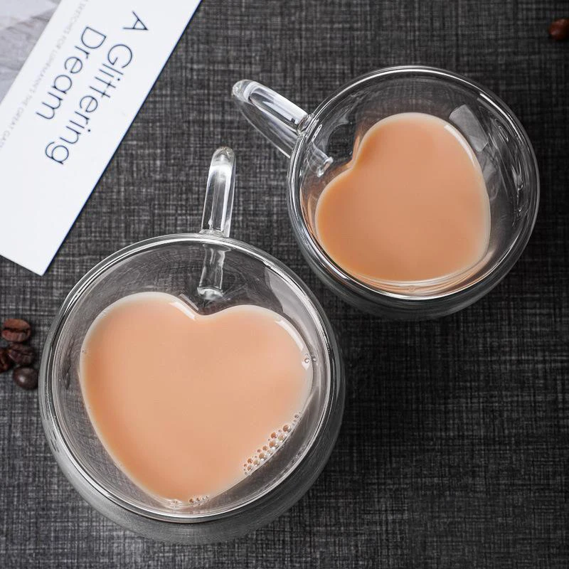 240ML Heart Love Shaped Glass Mug Couple Cups Double Wall Cup Heat-Resisting Tea Beer Mugs Milk Coffee Gift Drinkware | Дом и сад