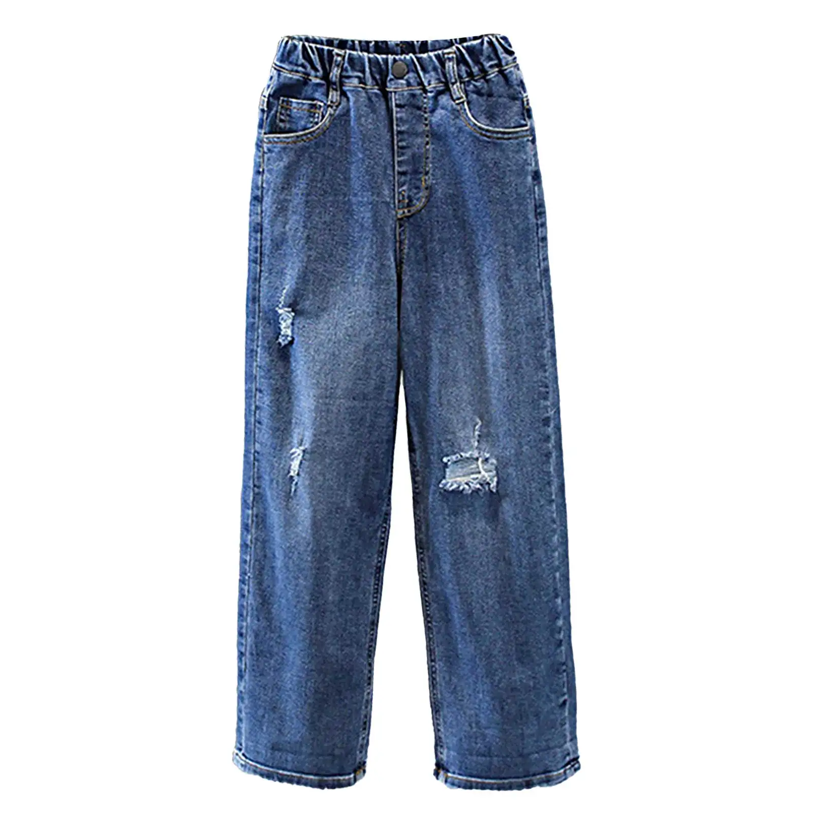 

Детские джинсы для девочек, стильная одежда, эластичный пояс, джинсовые рваные брюки с широкими штанинами и множеством карманов, осенние де...