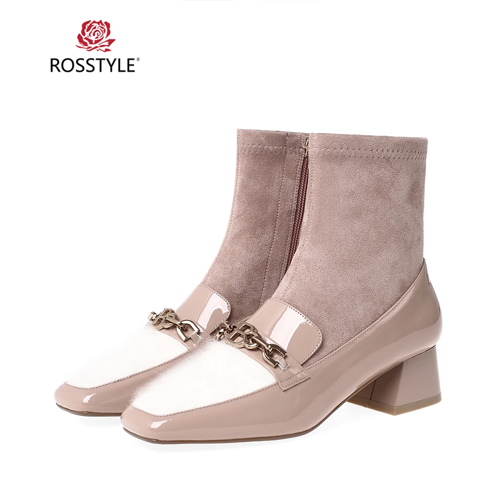 Beste ROSSTYLE Hoge Kwaliteit Vrouw Winter Enkellaars Handgemaakte Lederen Stretch Stof Ronde Neus Lage Hak Schoenen Elegante Laarzen
