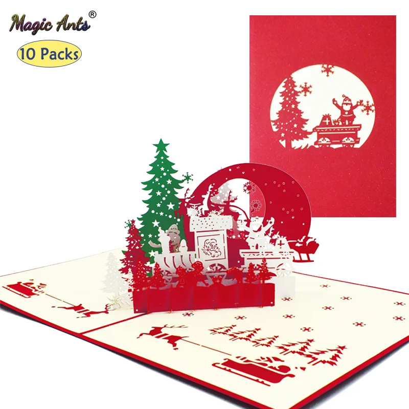 

10 Pack Merry Christmas Card Christmas Eve Pop-Up Cards with envelope Stickers Laser Cut New Year Greeting Cards Gifts Handmade