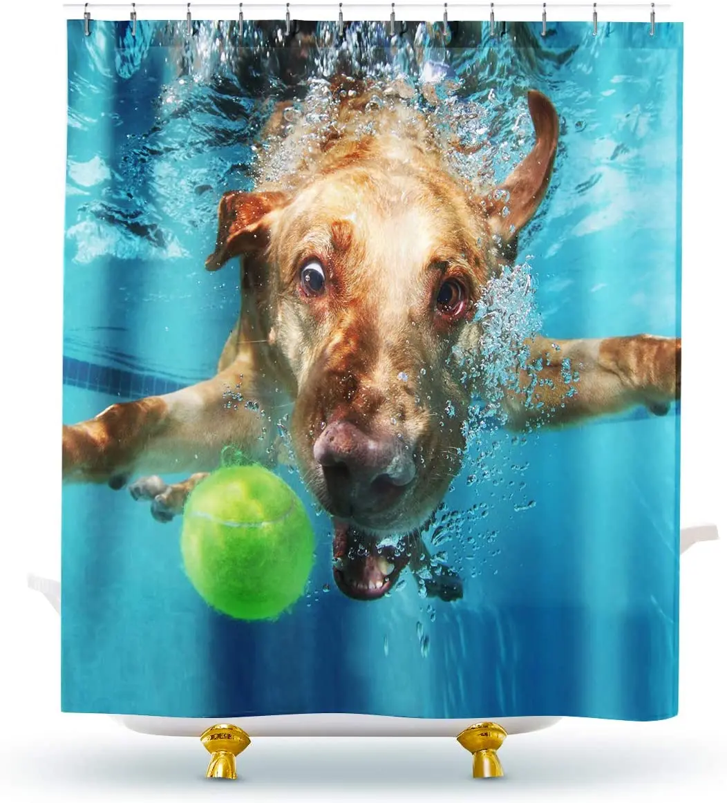

Funny Swimming Dog Cute Animal Pet Playing Ball in Blue Water Polyester Fabric Bathroom Curtain