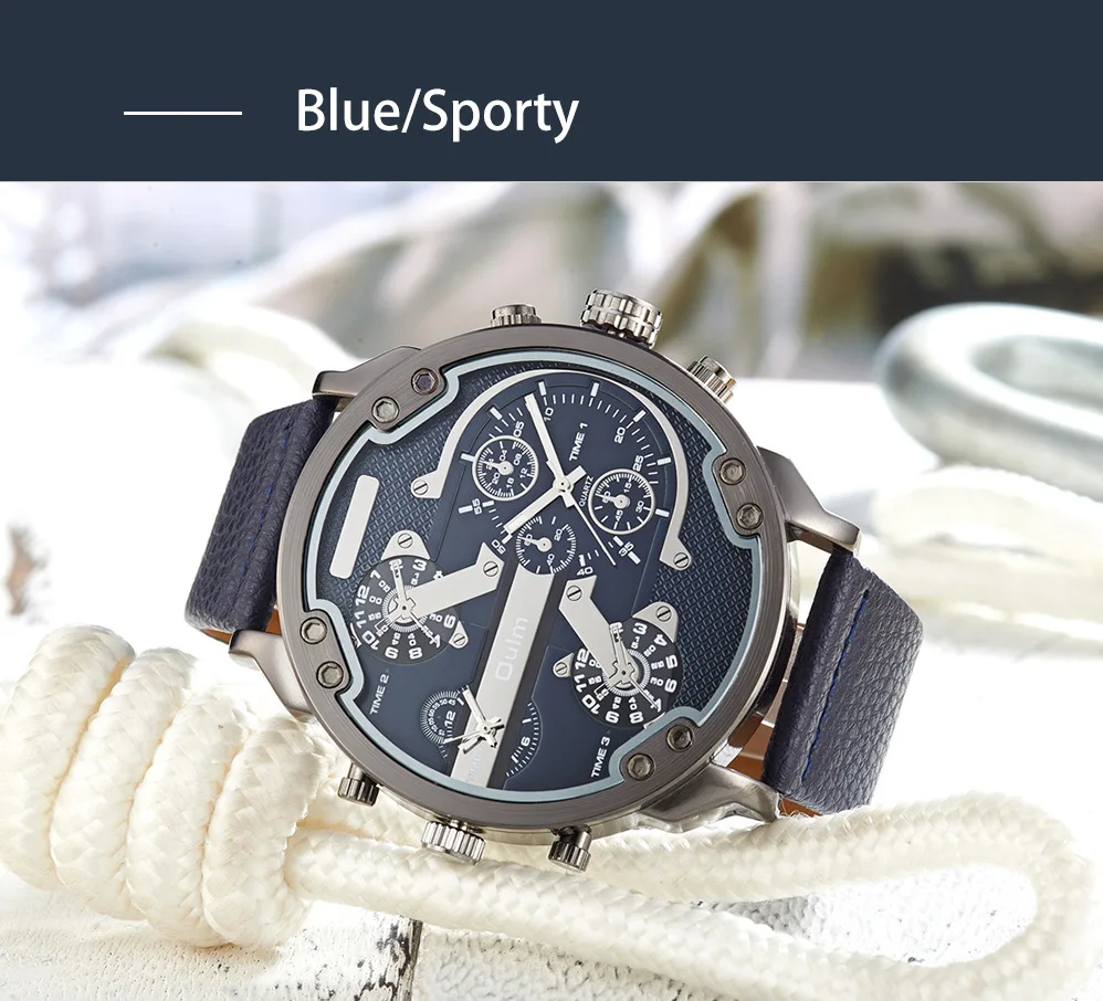 

European and American Popular Luxury Men's Quartz Watch Double Time Zone Large Dial Belt Leisure Watch