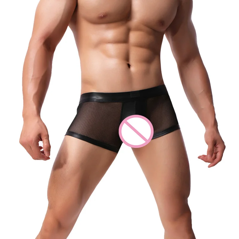 

Для мужчин сетки пикантные удобные шорты-боксеры из искусственной кожи плетением в стиле пэчворк из мягкой дышащей ткани u-образный Для муж...