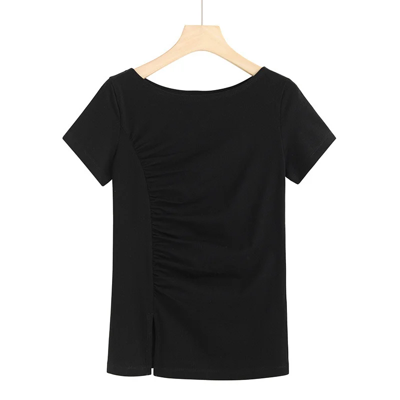 

New style short sleeve T-shirt women's fashion versatile Korean split one line collar advanced half sleeve bottom coat 6941