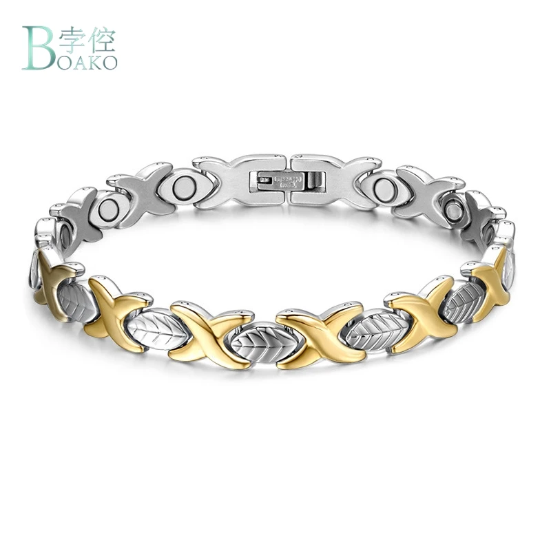 Магнитный браслет из нержавеющей стали для женщин золотой цвет крест лист звено