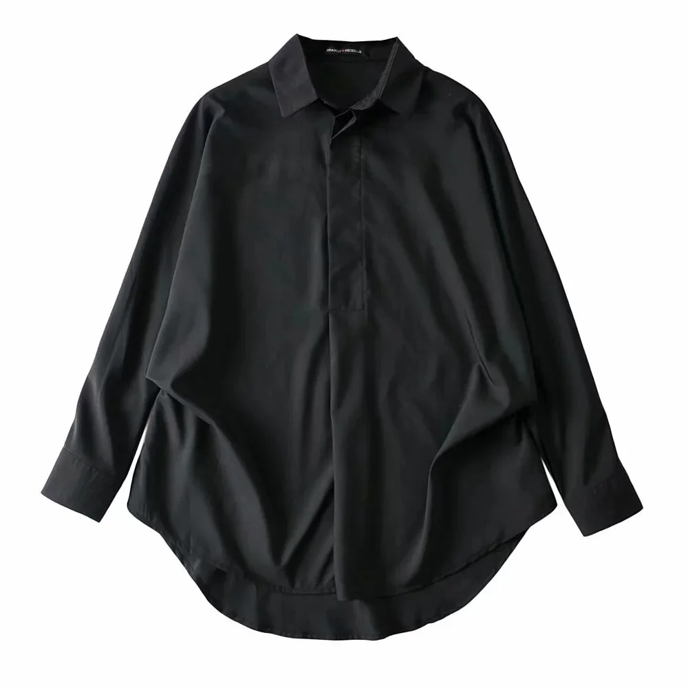 

Blogger loose large edition solid color shirt women's new spring Lapel temperament Long Sleeve Shirt
