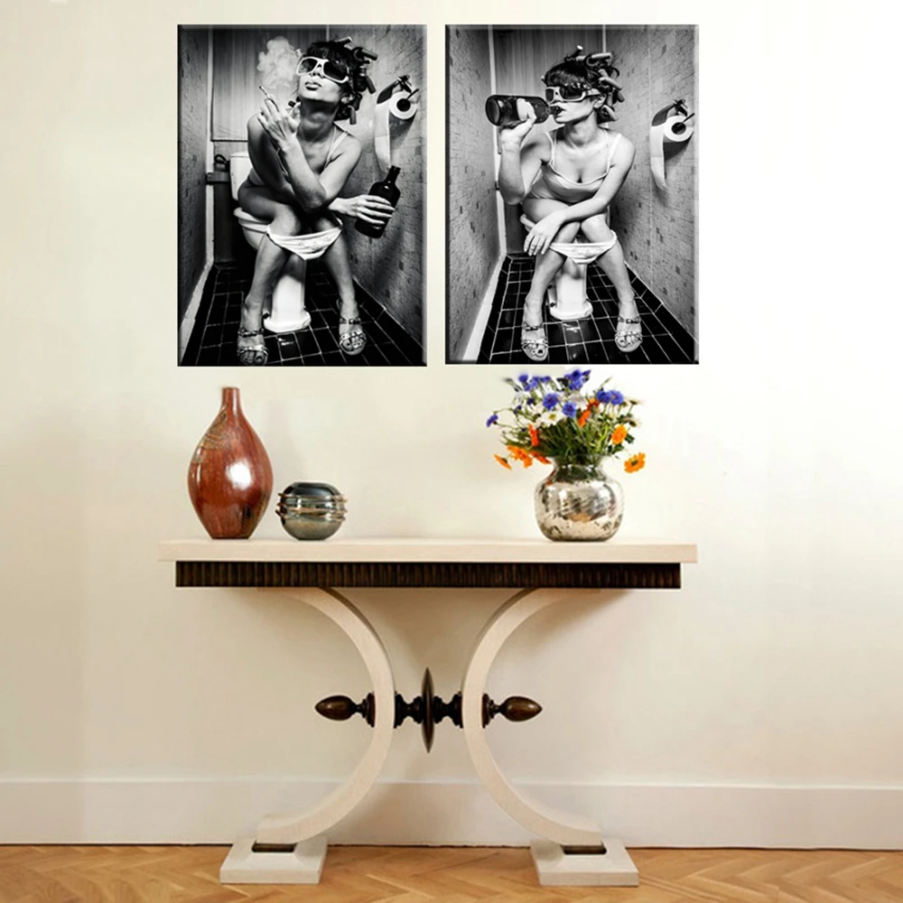 Modern Home Decor Black and White Nordic Poster Girl Drink Beer at Washroom Canvas Pictures for Living Room Coffee Bar Wall Art | Дом и сад