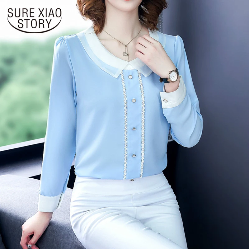 Блузка женская шифоновая с круглым воротником и длинным рукавом 2019 50|Блузки| |