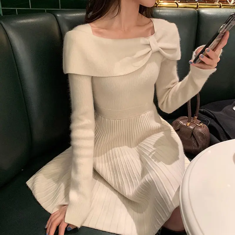 

Вязаное цельнокроеное платье, корейское весеннее облегающее платье-свитер с длинным рукавом 2021, женское повседневное элегантное офисное в...