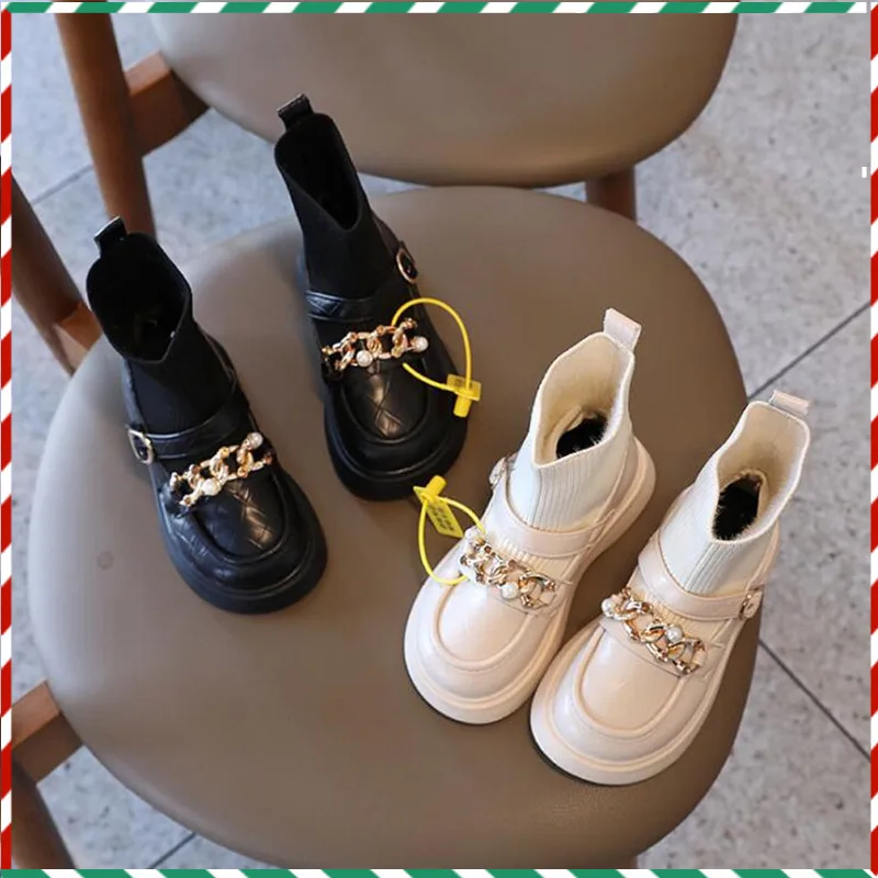 

Metal Chain Pearl Girls Boys Fashion Boots PU Leather Knitting Patchwork Slip on Kids Socks Shoes Anti Slip Children Ankle Boots