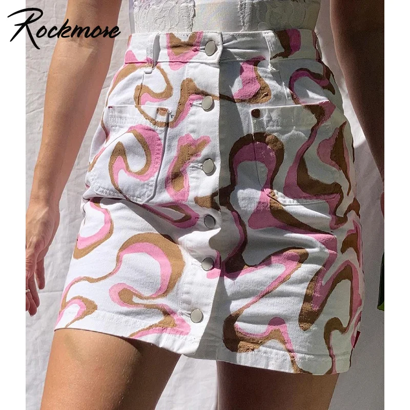 

Rockmore Paisley Denim Skirts Button Up Straight Skirts y2k Mini Skirts Women Harajuku Vintage High Waist Short Skirts Summer