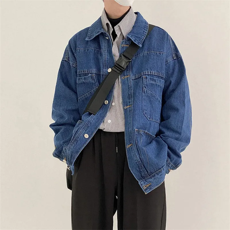 

Vintage Denim Jacket Men Korean Turndown Long Sleeve Tops Spring Autumn Casual Streetwear Jaqueta Masculina Dark Blue Jeans Coat