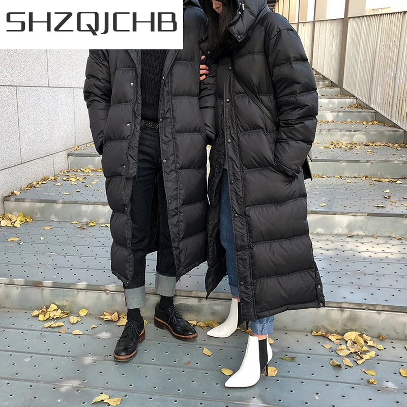 

Зимнее пальто SHZQ для женщин и мужчин, модная куртка на 90% утином пуху, мужские толстые теплые длинные женские куртки с капюшоном Abrigos Hiver ...