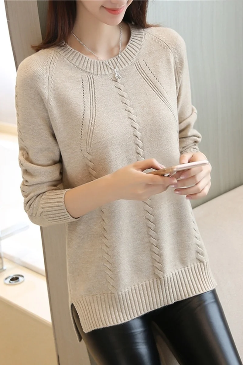 

GOOHOJIO Autumn Winter Women's Knitwear O-Neck Minimalist Tops Ladies Korean Hem Knitted Casual Sweaters bottoming shirts slit