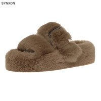 fluffy home slippers women furry slides open toe flat platform lady slides faux fur warm indoor slippers 41 42