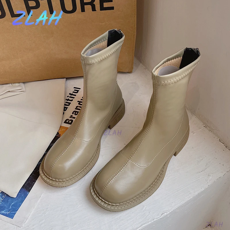 

Женские ботильоны на низком каблуке, весна, женские модные ботинки на молнии с круглым носком, короткие сапоги высокого качества, женские бо...