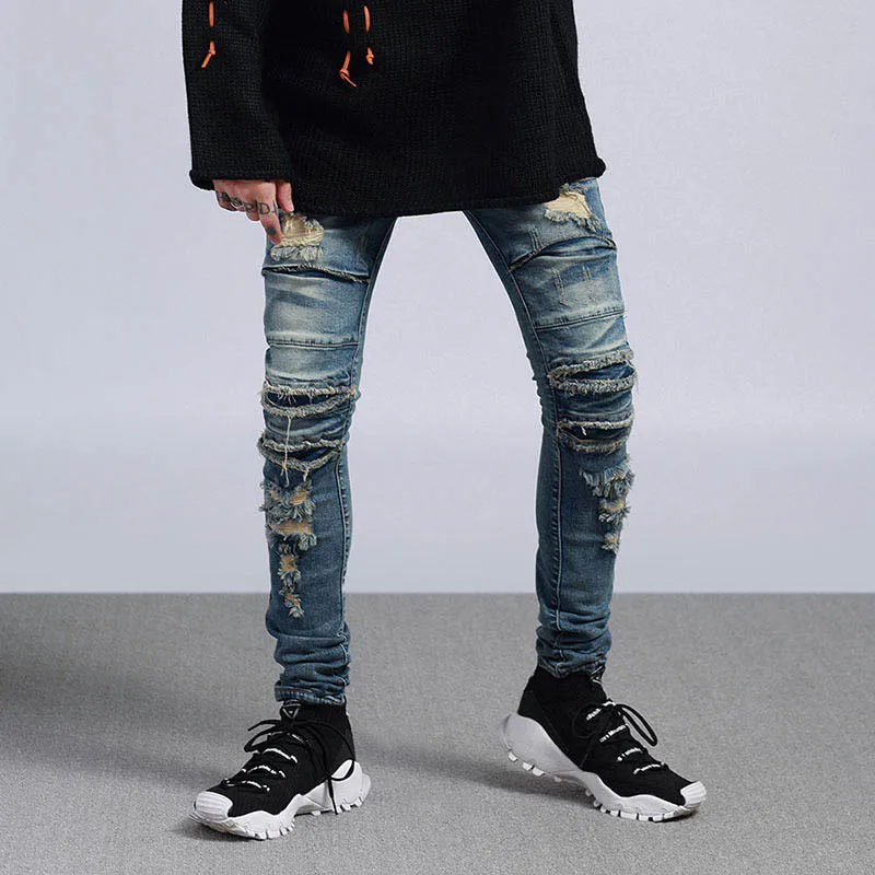 

KIOVNO Men High Street Ripped Jeans Pants With Holes Streetwear Washed Denim Trousers For Male Patchwork