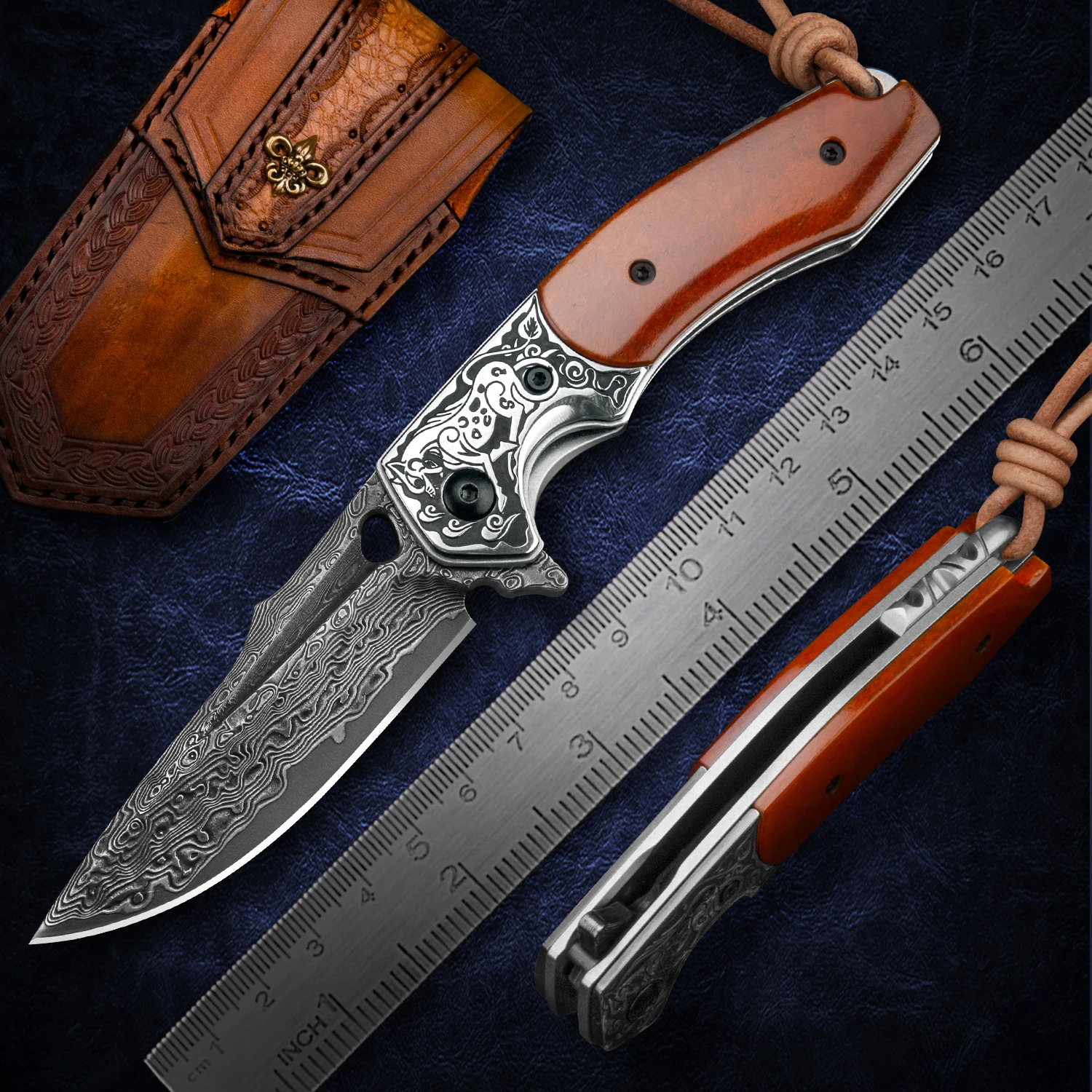 Складной нож NEWOOTZ из дамасской кожи тактический уличный Клинок с кожаным