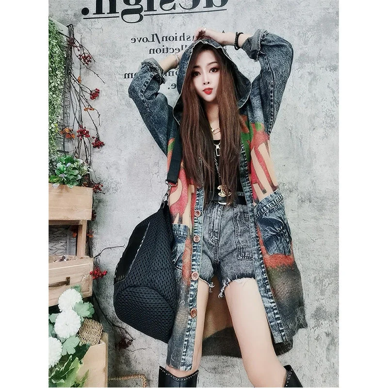 

Denim Women's Leather Jacket Autumn Trench Winter 2021 New Medium Length Loose Fit BF Long Spring Floral Fancy Coat For Women