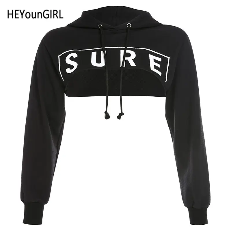 Черный HEYounGIRL Casual Harajuku Crop Top Hoodie Long Sleeve Black Hoodies Sweatshirt Women Printed Loose Streetwear Pullover Autumn - Цвет: Черный