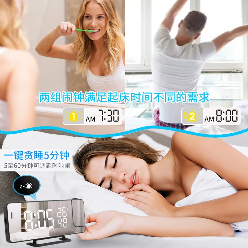 LED Digital Mirror Projection Alarm Clock Home FM Radio Thermometer Hygrometer USB Wake Up Watch 180° Projector Time Snooze Gift | Дом и сад
