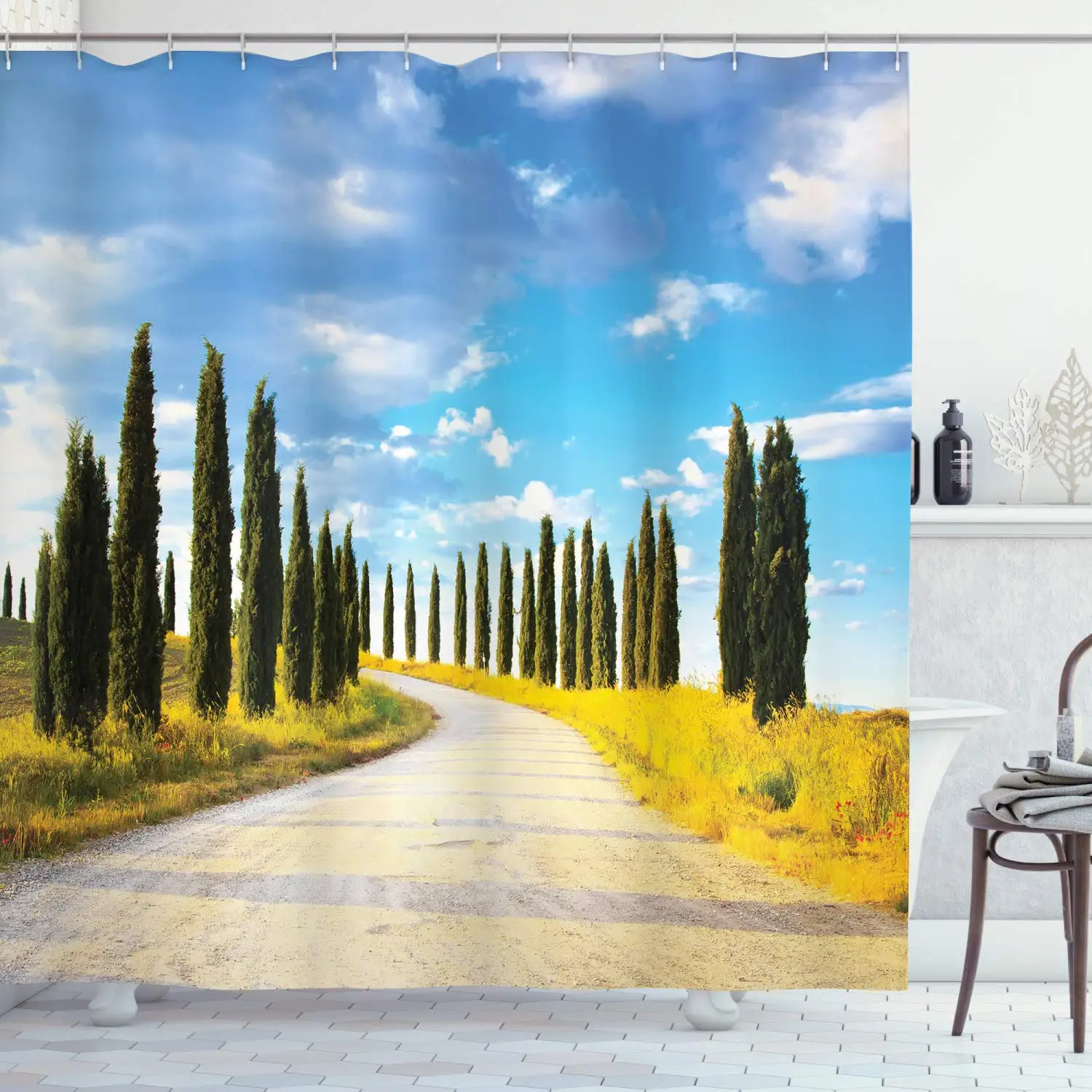

Italian Shower Curtain View of Earth Road Path Between Trees Row in Mediterranean Historic Culture Polyester Fabric Bathroom