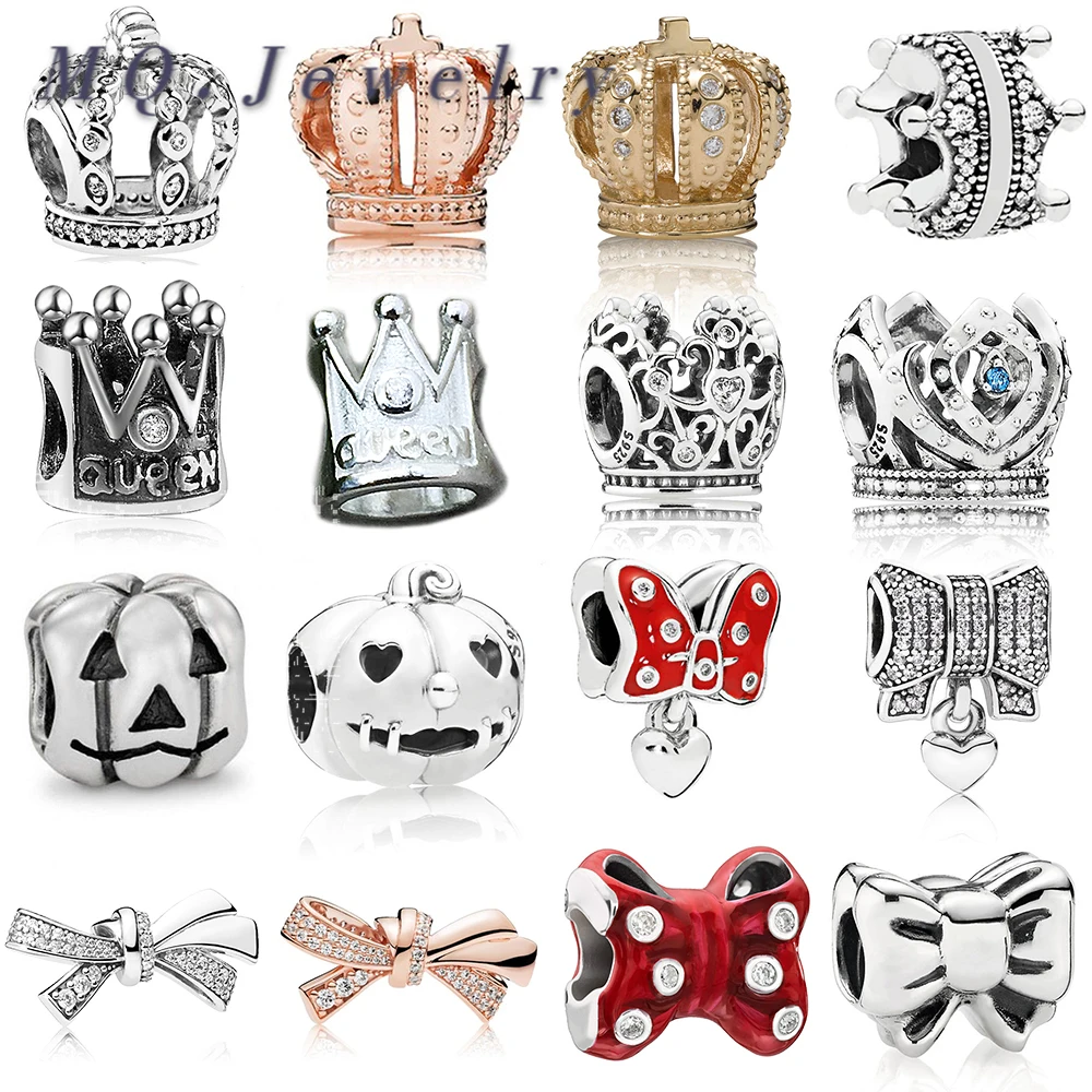 

2020 New 100% 925 Original Silver Rose Brilliant Bow Heart Pumpkin Princess Crown Charm Fit DIY Bracelet Bangle Fashion Jewelry