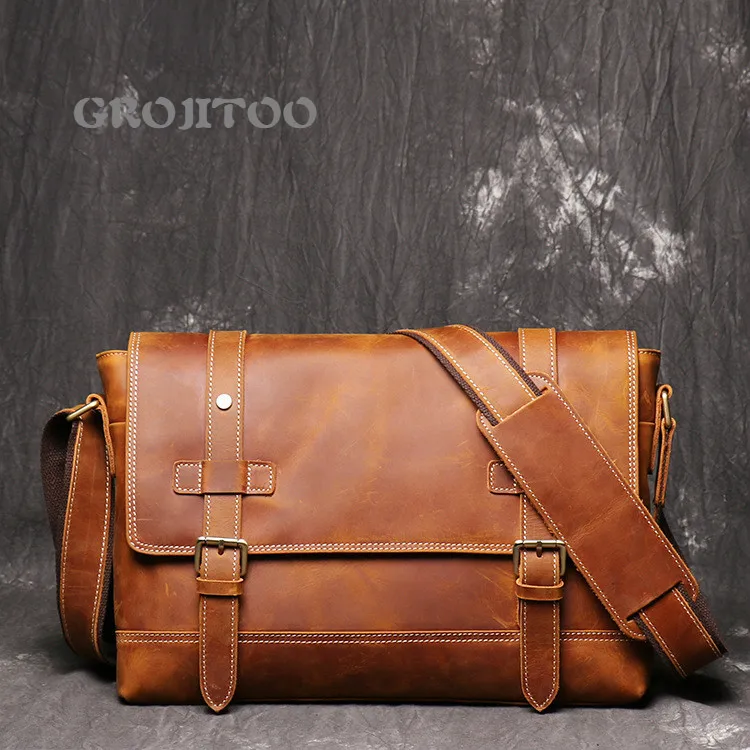 

GROJITOO Men's crazy horse skin shoulder bag large capacity postman bag male genuine leather messenger bag for man ipad bag