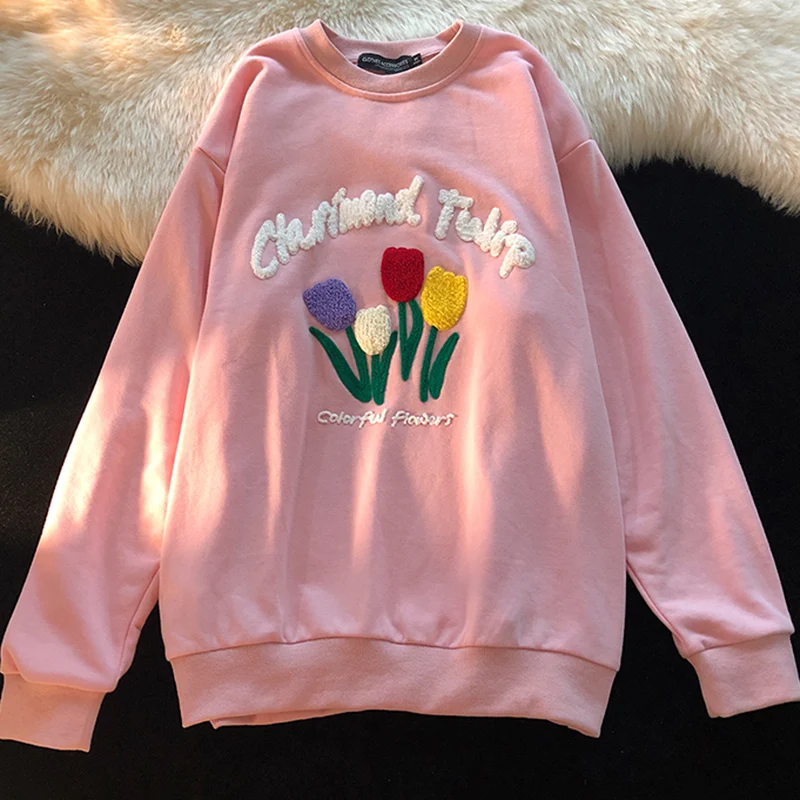 

Japanese Style Flower Embroidery Sweatshirts Pullovers Vintage Streetwear Harajuku Oversize Hoodies Autumn New Hip Hop Hoodie