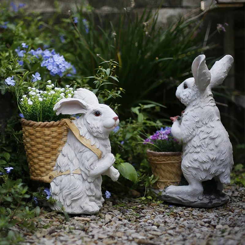 Pastoral White Rabbit Flower Pot Resin Ornaments Outdoor Courtyard Succulent Plant Simulation Animal Figurines Decoration Crafts