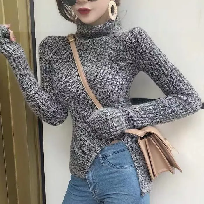 

women's pullover spring new autumn high neck fit slim hem split irregular sweater sweater fashion