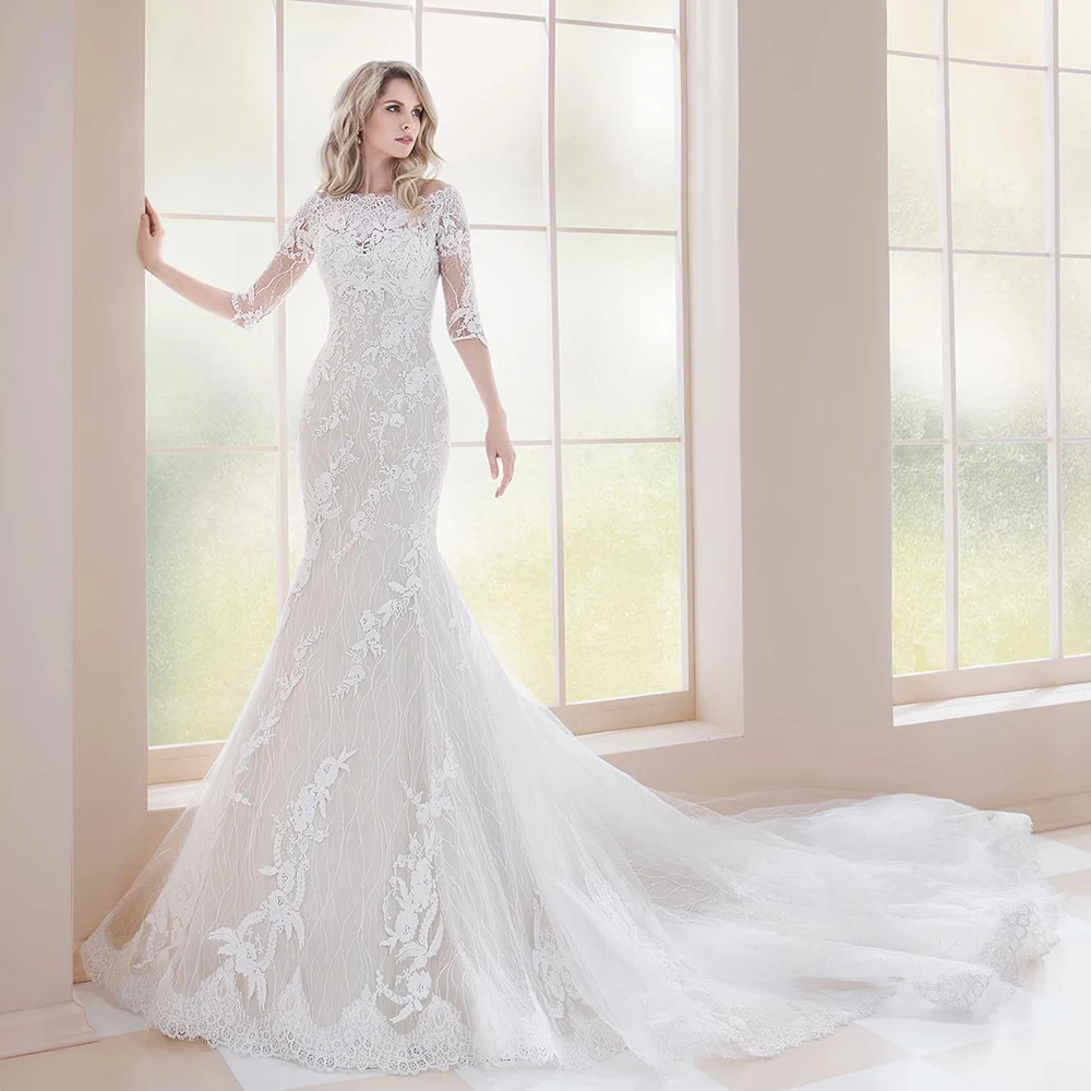 Женское свадебное платье с юбкой годе кружевное рукавом до локтя и аппликацией