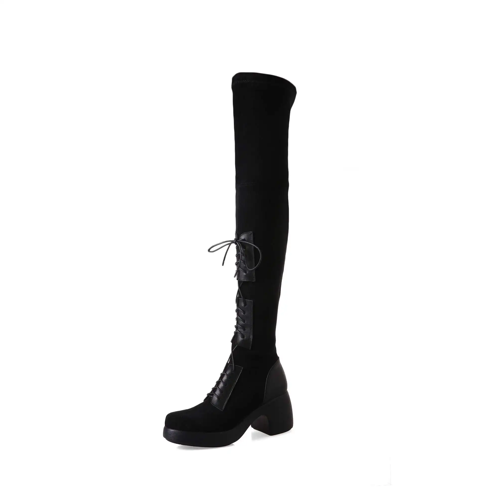 

krazing pot high street fashion riding boots cow leather round toe rock singer high heels stretch flock over the knee boots L32