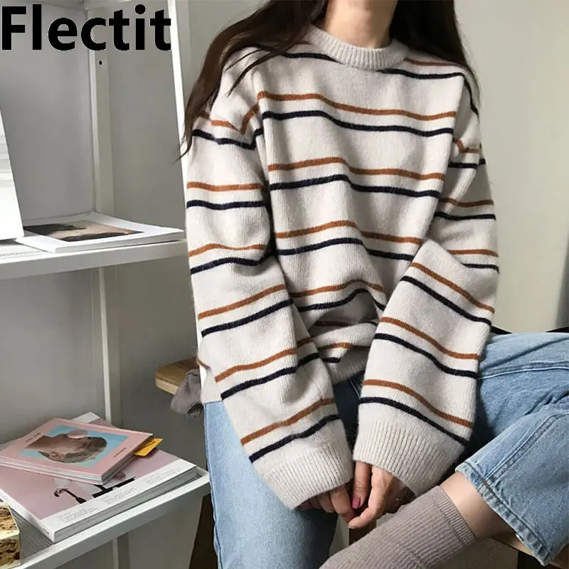 

Удобные полосатые свитера Flectit, женские пуловеры, вязаный джемпер, одежда в эстетическом стиле *