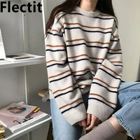 flectit oversized crew neck striped sweaters womens pullovers soft knitted jumper school girl harajuku fall winter tops