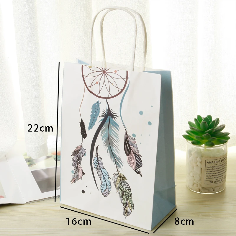 10Pcs 22x16cm Fancy Dreamcatcher Kraft paper bags with handle Gift Bags New Year Wedding Party Favor Decoration Package images - 6