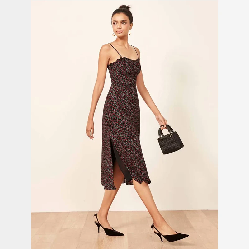 Elegant Vintage split dress chiffon with straps slash neck backless A line slim waist elastic bust summer party dress women