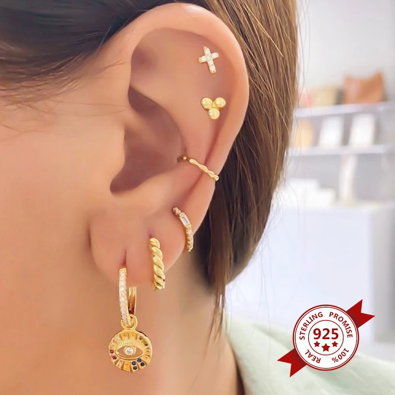 

925 Sterling Silver Evil Eye Drop Hoop Earrings for Women Rainbow Crystal Simple Trendy Earrings Fashion Females Jewelry Gift