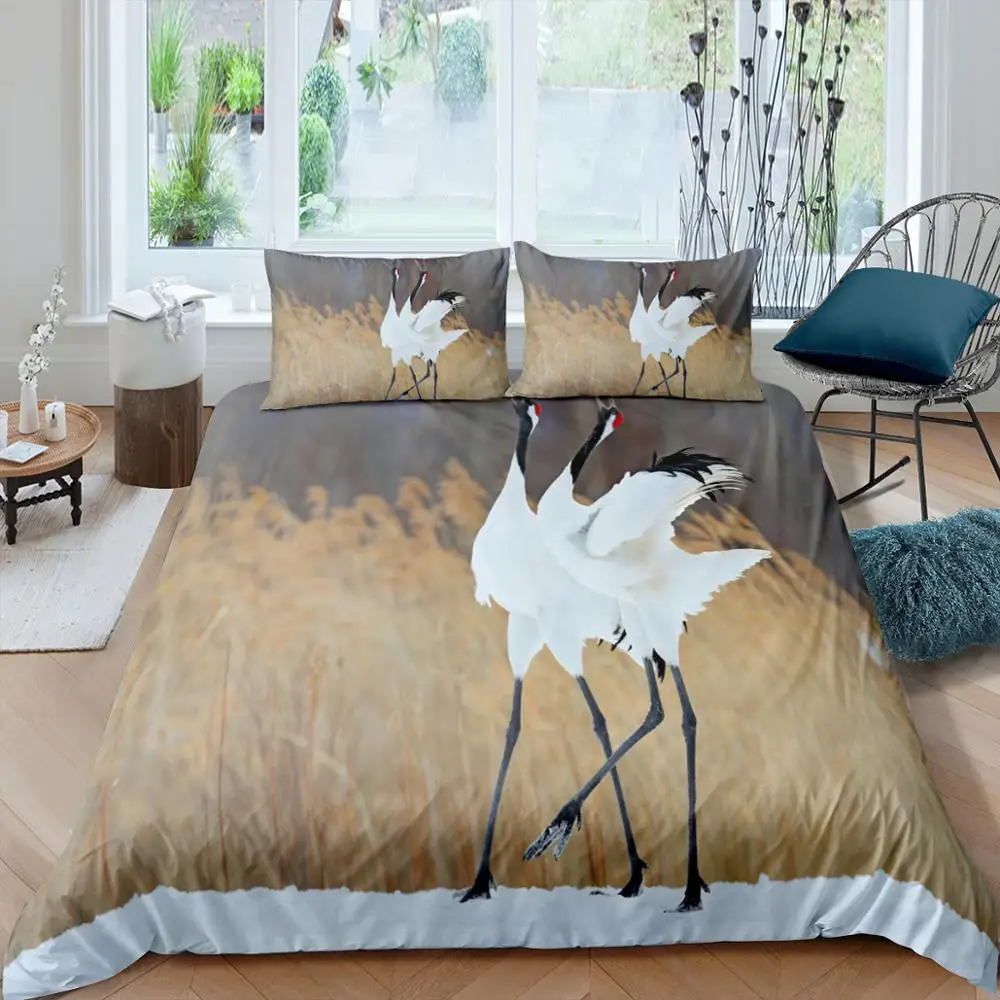 

Beautiful White Cranes Bedding Set Queen 3D Printed Duvet Cover Soft Animals Bedclothes 2/3pcs Home Textiles High Quality