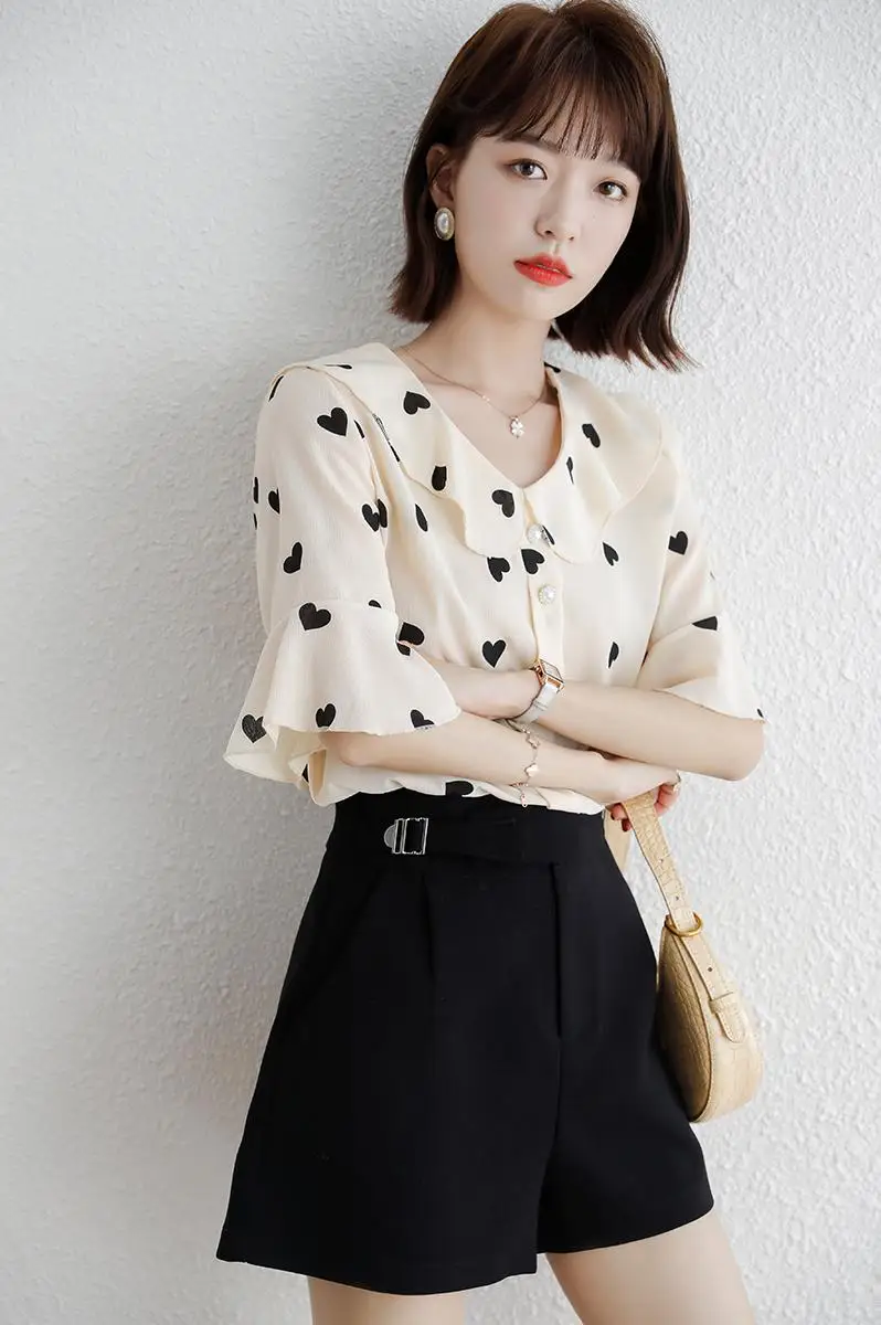 

COIGARSAM Short Sleeve blouse women New Summer Chiffon blusas womens tops and blouses Apricot 8001