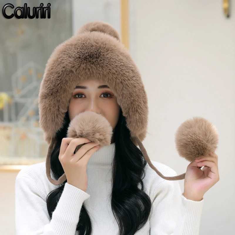 

Зимняя женская шапка-трапеция, теплая шапка-бомбер с искусственным кроличьим мехом, шапки-ушанки для русской ушанки, шерстяные вязаные шапк...