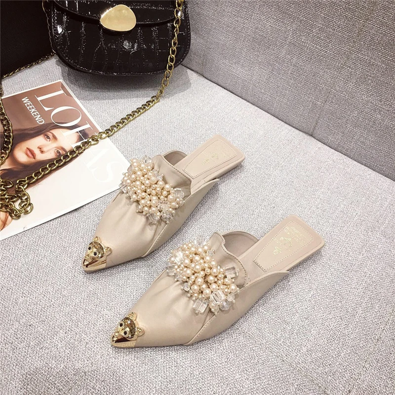 Women Mules Slippers Flat Heel Sandals Metal Pointed Toe Crystal String Bead Luxury Woman Ladies Outdoor Prom Slides | Обувь