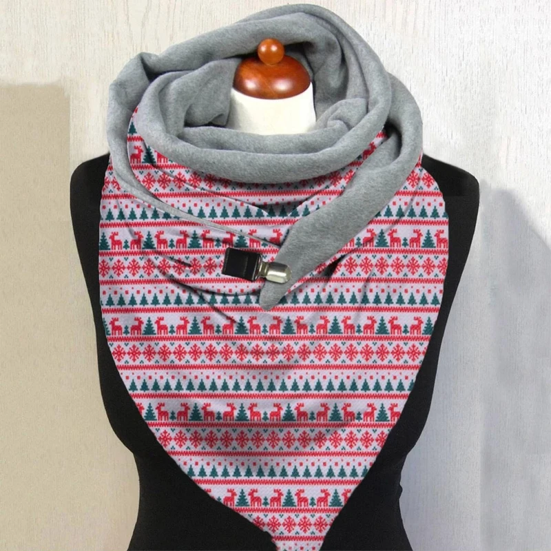 

Women Winter Warm Scarf Christmas Elk Snowflake Print Neck Warmer Snood with Clip Thermal Blanket Button Shawl Wrap