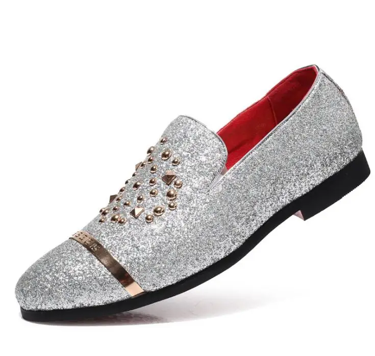 Новинка Модные мужские серебристые кожаные туфли с заклепками Туфли оксфорды на