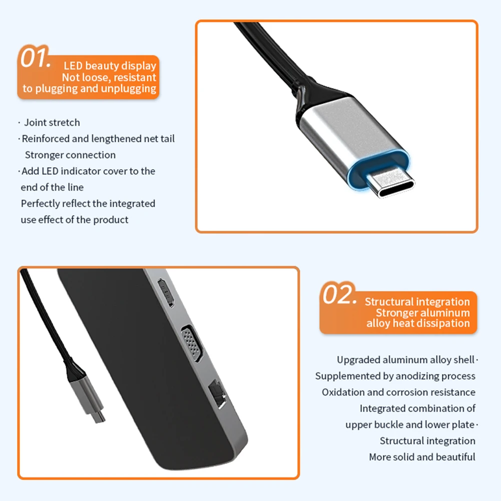 

USB Hub 10 in 1 Aluminum Multiport Adapter with 4K HDMI-Compatible VGA USB 3.0/2.0 3.5mm PD RJ45 Network Adapter TF Card Reader