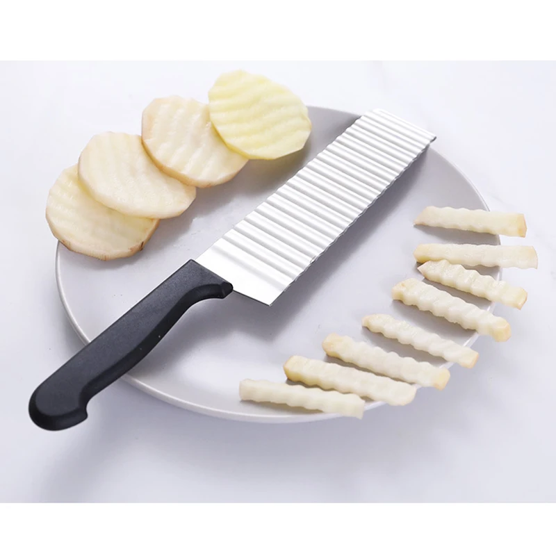 Description Picture 6 of itemStainless Steel Potato Chip Slicer Dough Vegetable Fruit Crinkle Wavy Slicer Knife Potato Cutter Chopper French Fry Maker Tool