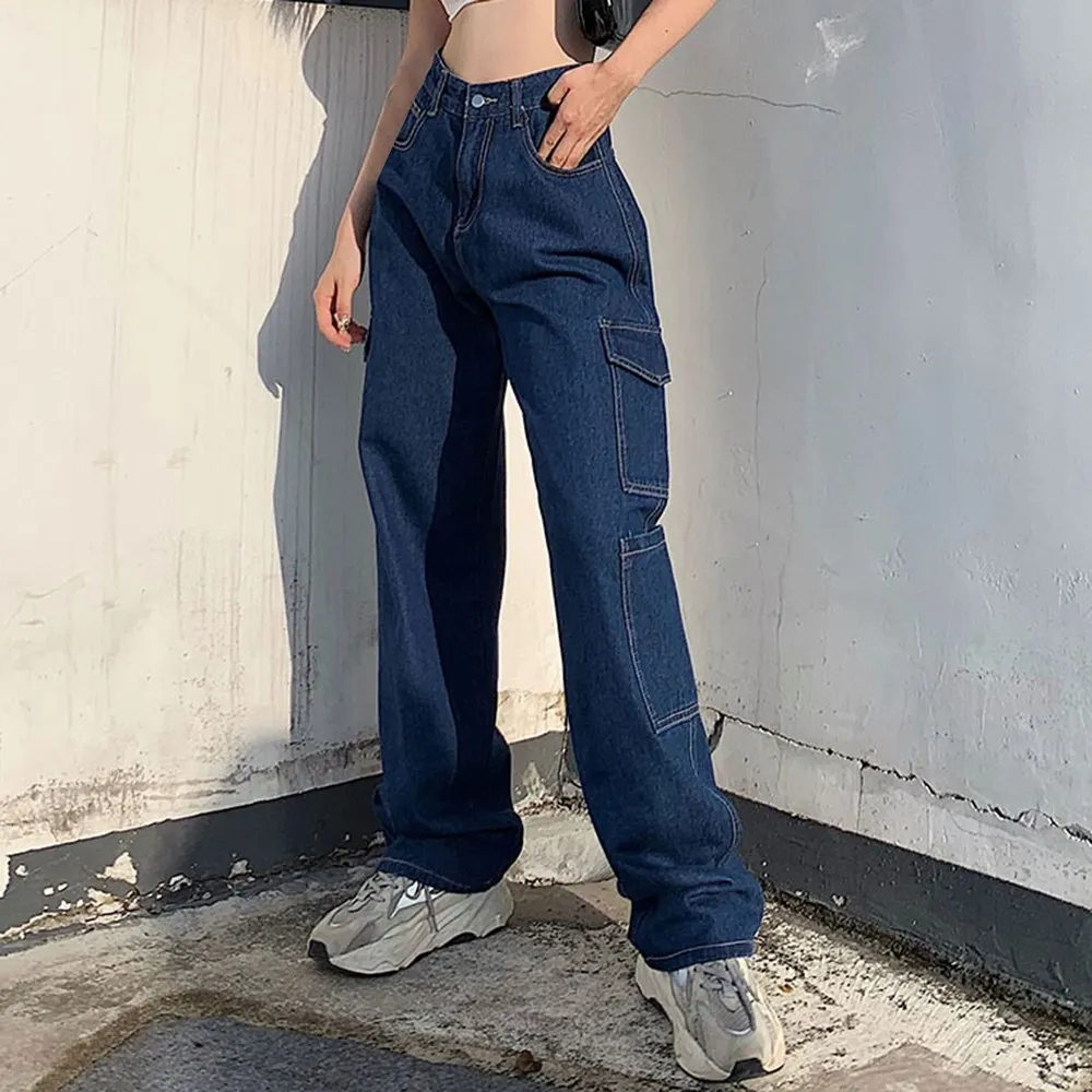 

Muyogrt Women's Jeans Pockets Straight Baggy Denim Jeans Women High Waist Pant Casual Loose Cargo Pant Long Trouser Streetwear